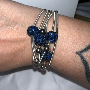 Silver Tone and Blue Crystal Ball Charm Multi Strand Magnetic Bracelet